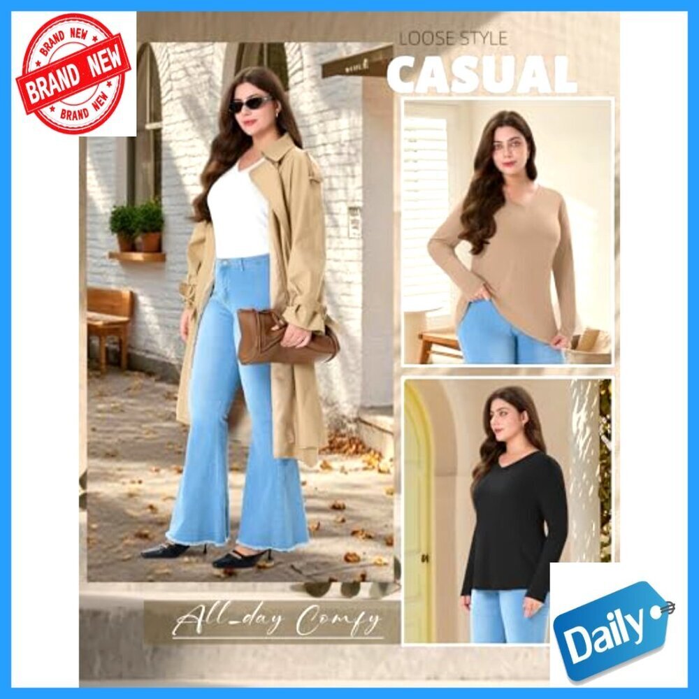 Plus Size Long Sleeve V-Neck Tunic Tops 4-Pack Loose Fit Basic Tees - Picture 6 of 7